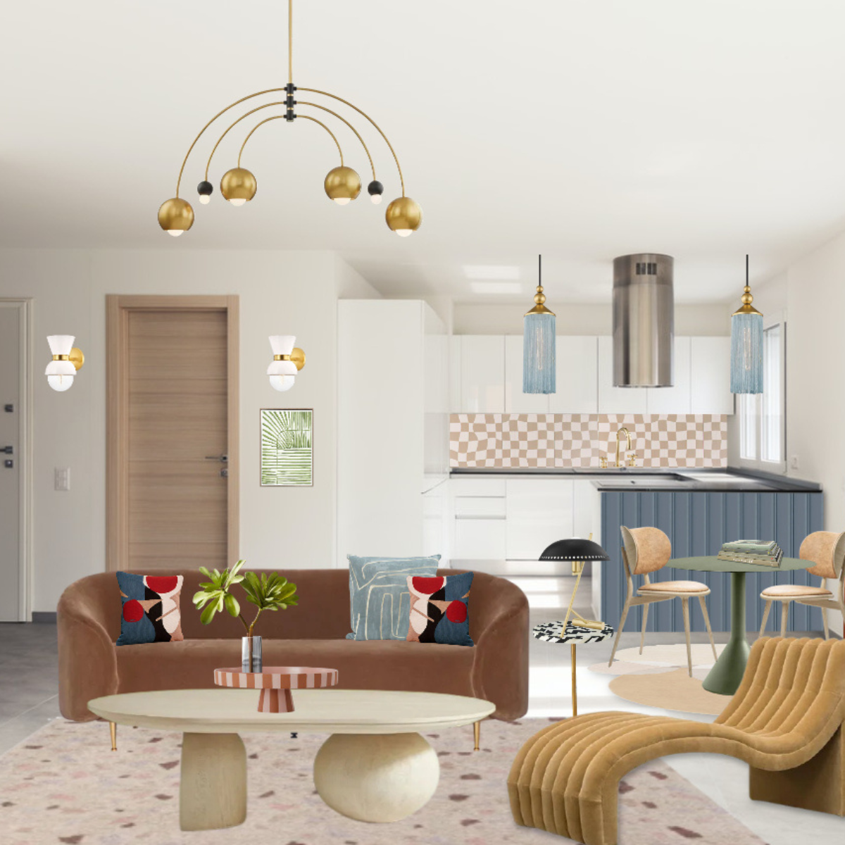 Open-plan living room and kitchen with gold arc chandelier, blue tasseled pendant lights over the island, brass wall sconces, brown sofa and curved mustard chaise