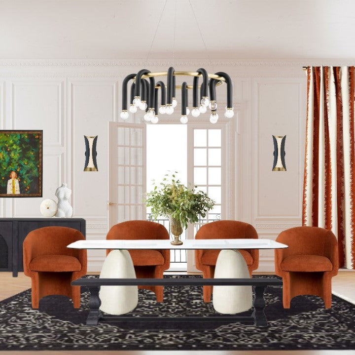 Dining room with black-and-brass chandelier over white oval table and four rust velvet chairs, red-striped curtains