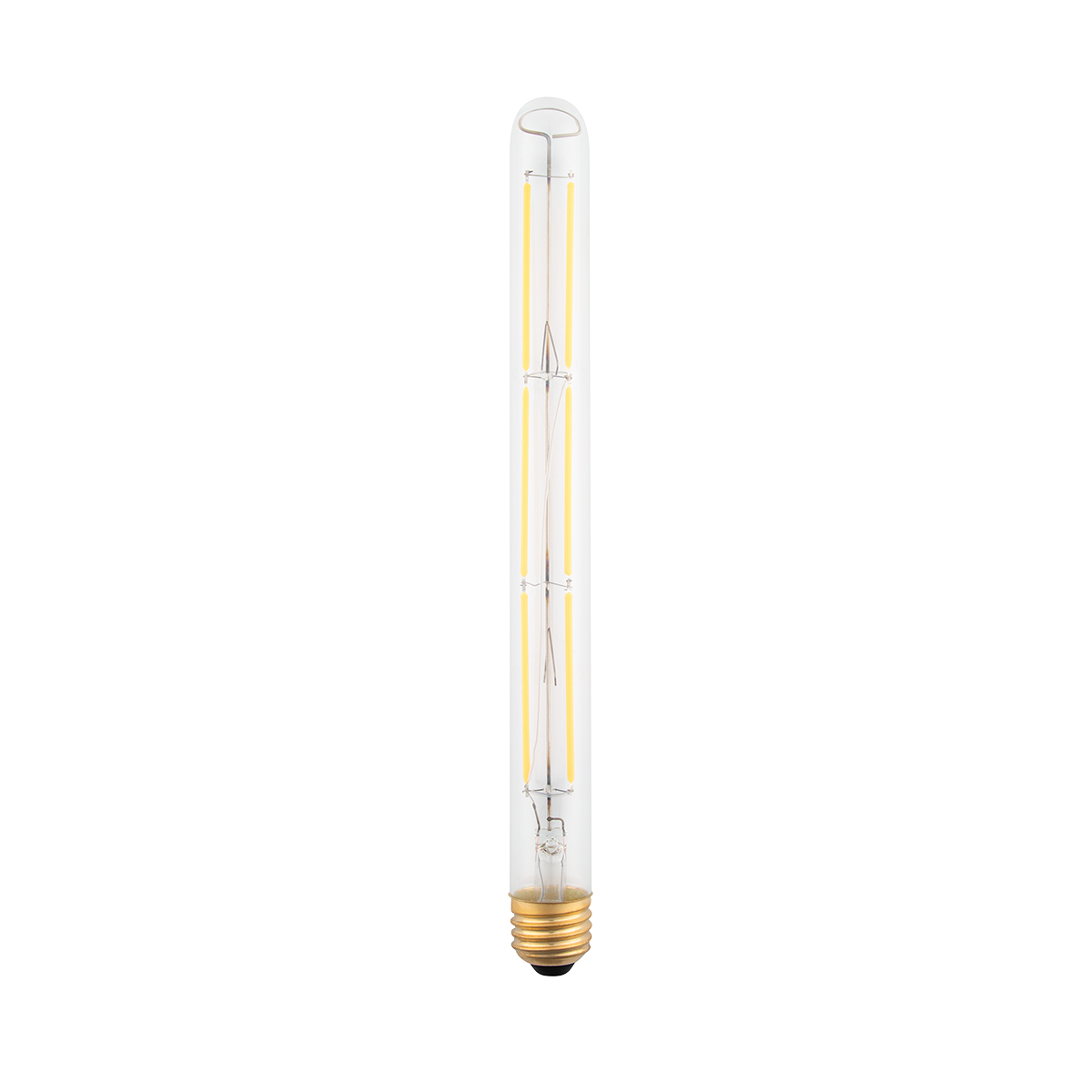 Front view of E26 T8 11-inch frosted LED bulb showing frosted tube and brass screw base on white background