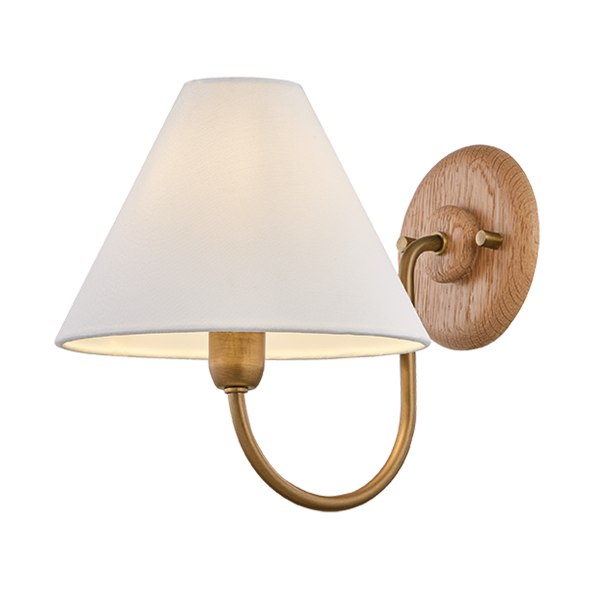 Front view of Bennie 1 wall sconce showcasing patina brass arm, white tapered shade, and round wall plate on a white background