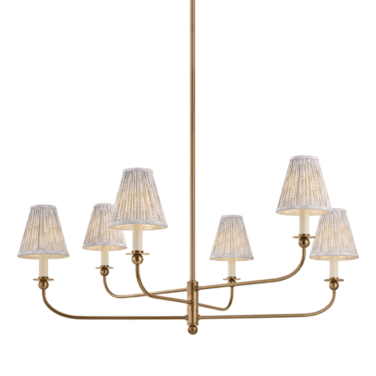 Front view of Ryle 6 Chandelier showcasing six ribbed shades and patina brass finish on a white background