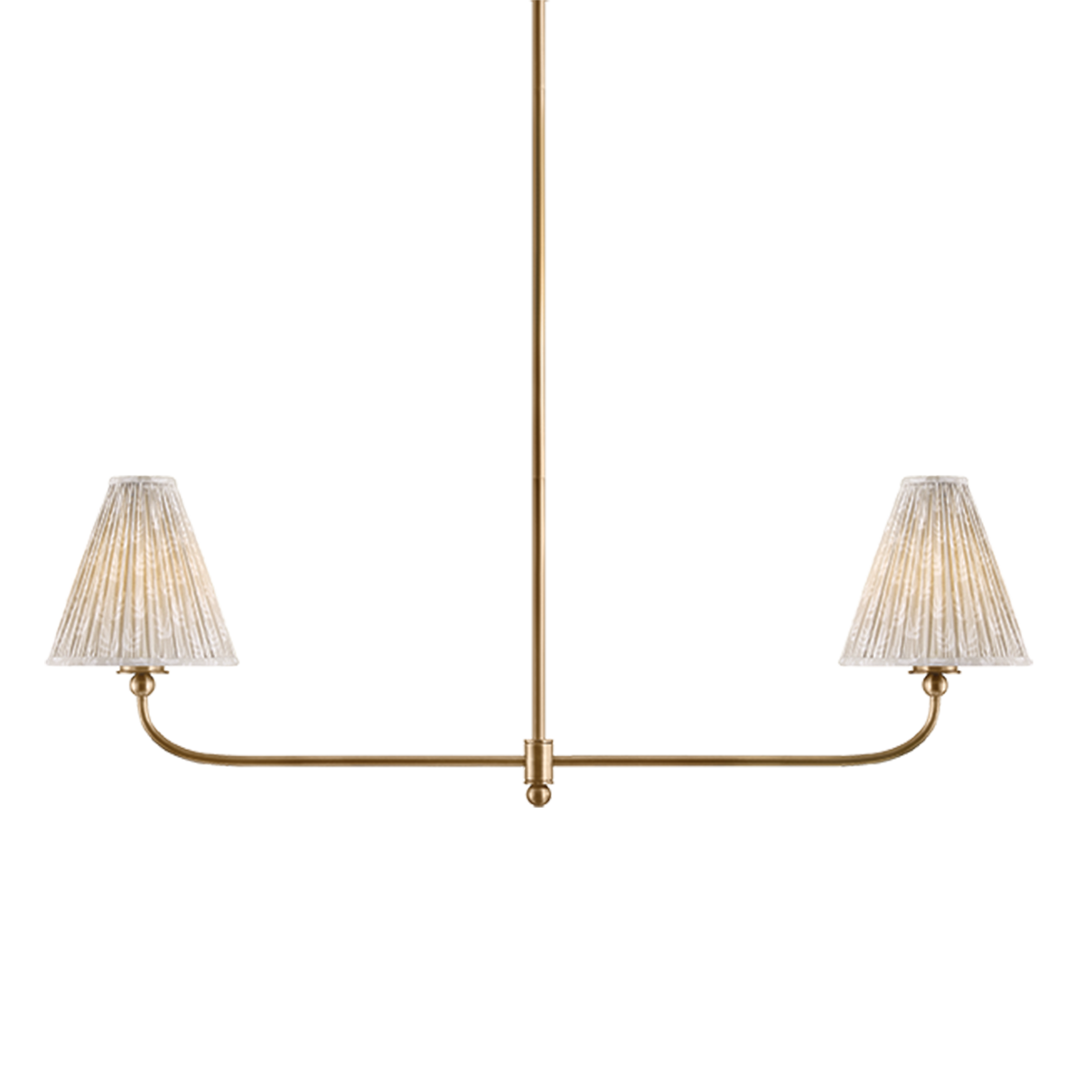 Front view of Ryle 2 Linear showcasing two pleated shades and a patina brass frame on a white background