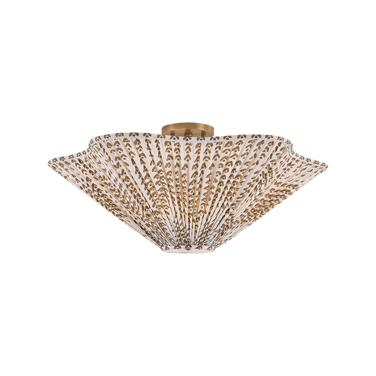 Front view of Elle 3 Semi Flush ceiling light showcasing a patterned shade and patina brass finish on a white background