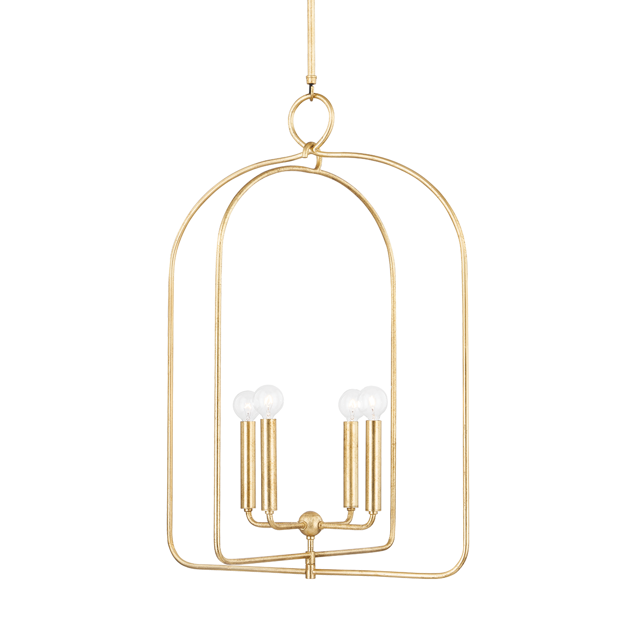 Front view of Mallory Pendant showing four-light candelabra inside an open arched gold cage with hanging loop on white background