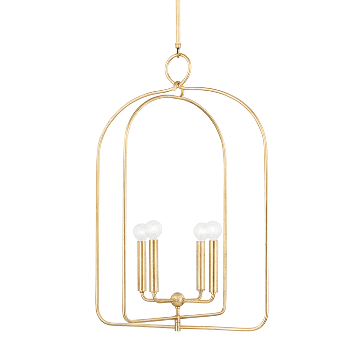 Front view of Mallory Pendant showing four-light candelabra inside an open arched gold cage with hanging loop on white background