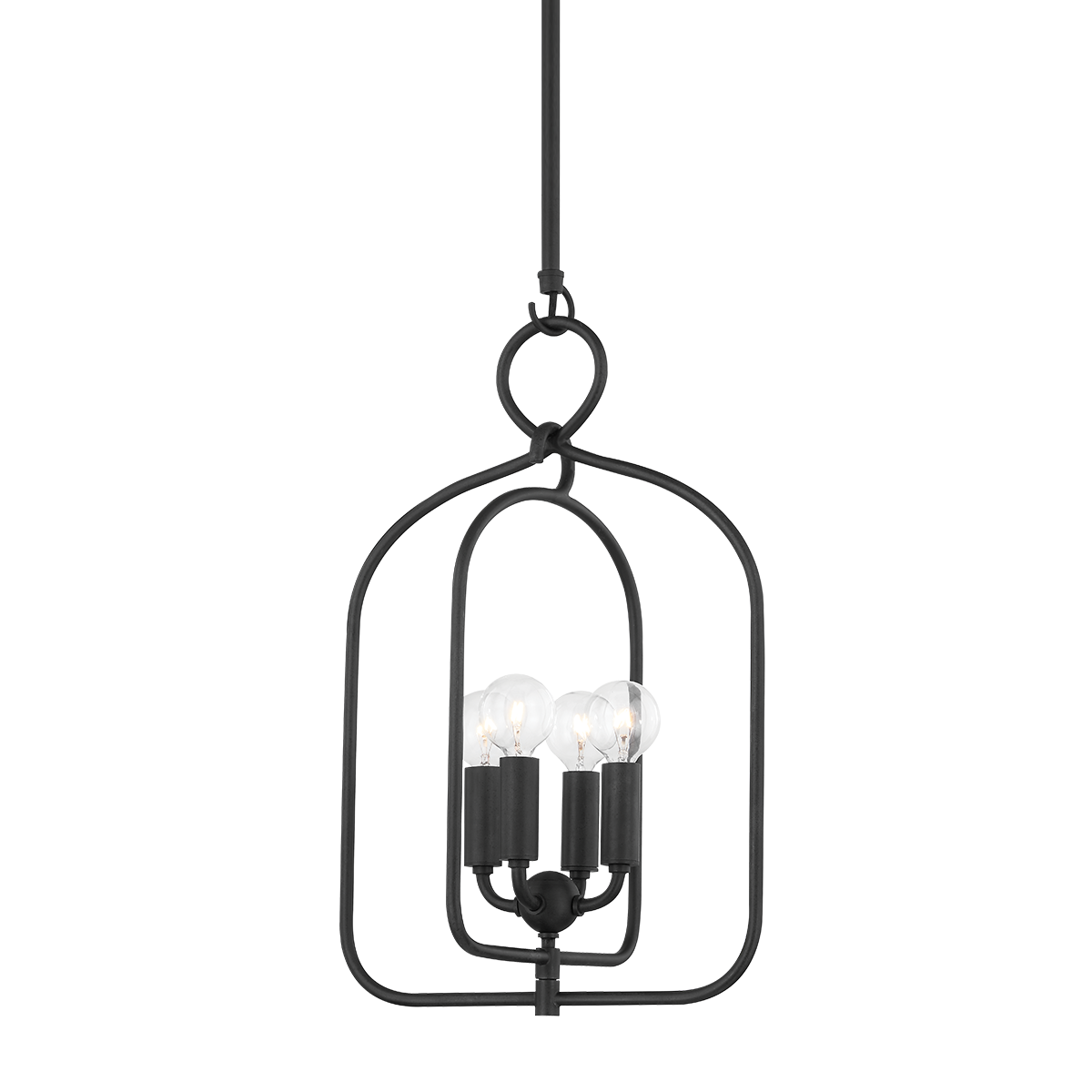Front view of Mallory Pendant showcasing black metal open cage frame and three exposed bulbs on white background