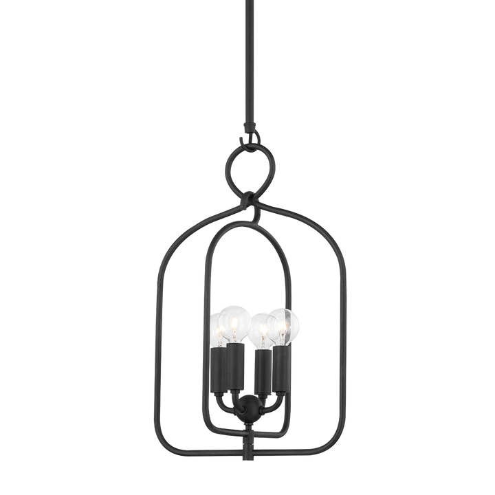 Front view of Mallory Pendant showcasing black metal open cage frame and three exposed bulbs on white background