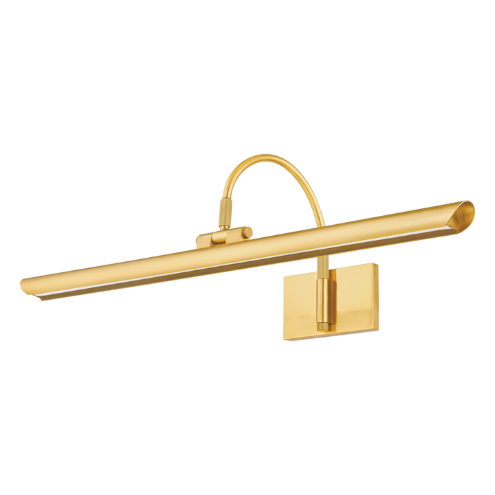 Angled front view of Elowen picture light, gold finish, slim lamp bar and curved arm with wall plate on white background