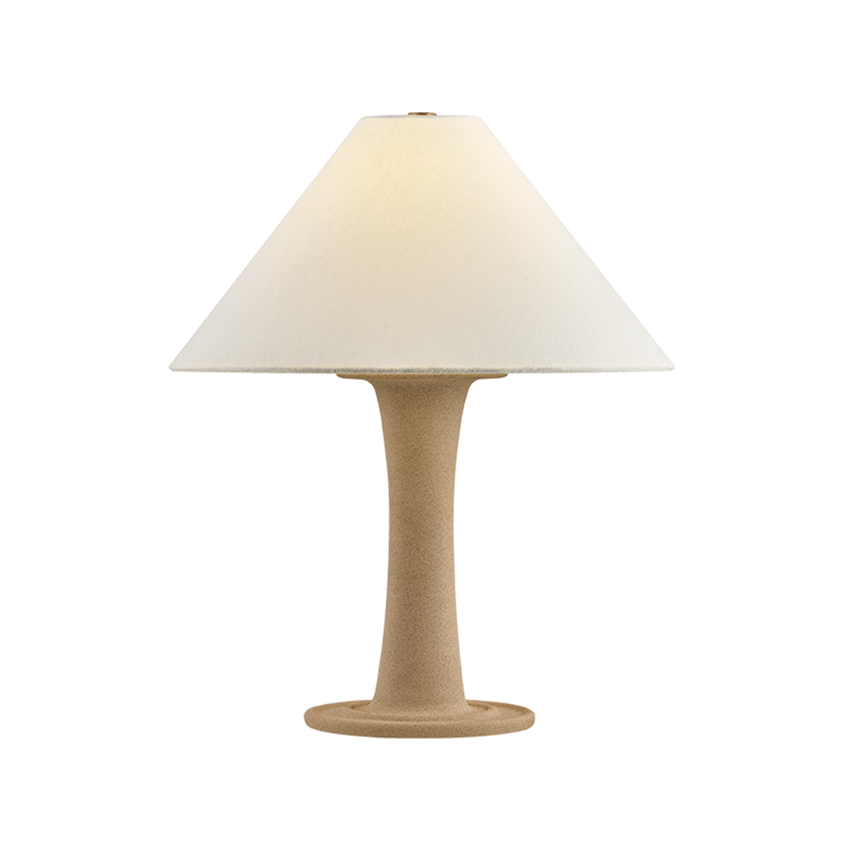 Front view of Isabel 1 table lamp showcasing a textured ceramic antique Sabbia base and cream tapered shade