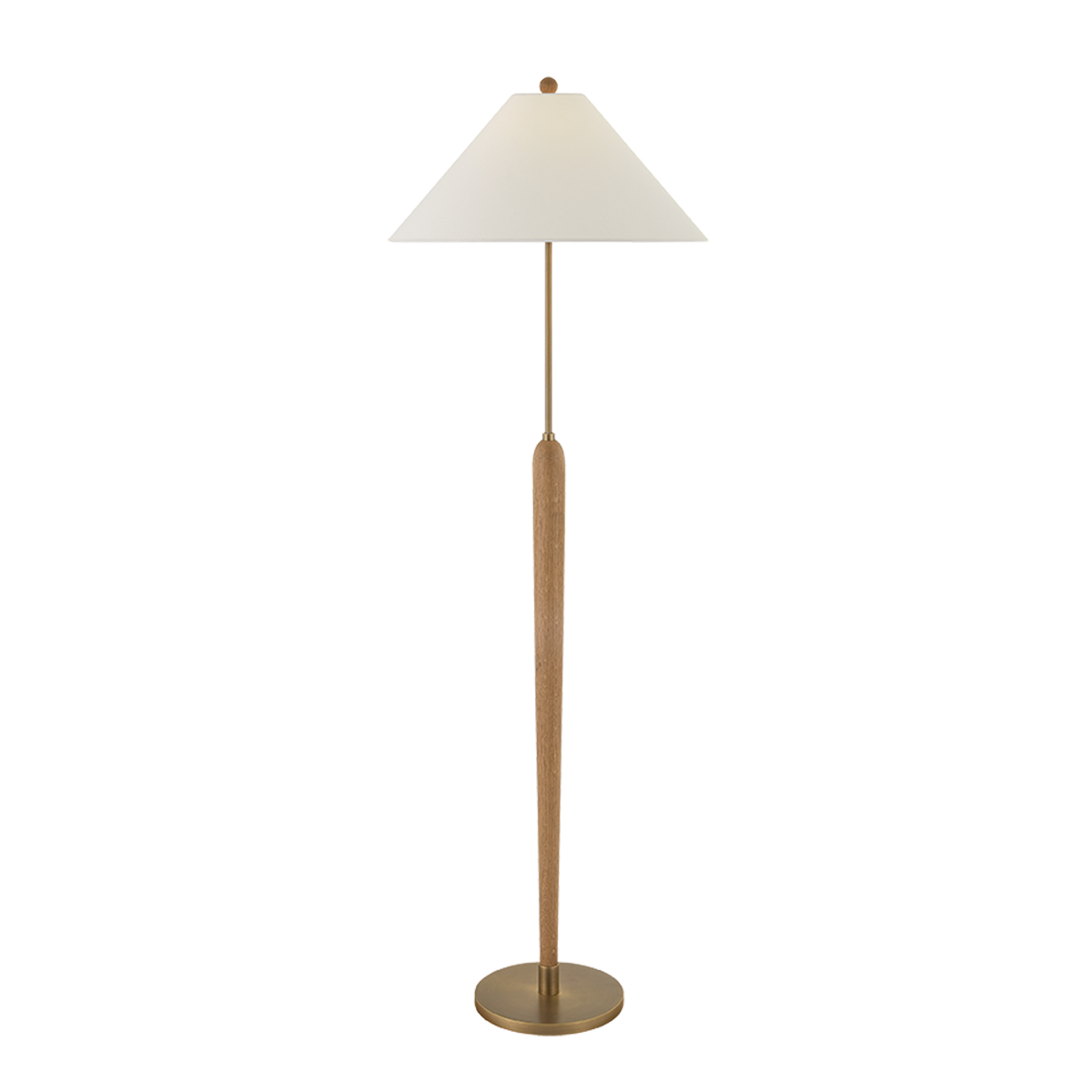 Front view of Ryle 4 Chandelier showcasing a white tapered shade, textured stem, and patina brass finish