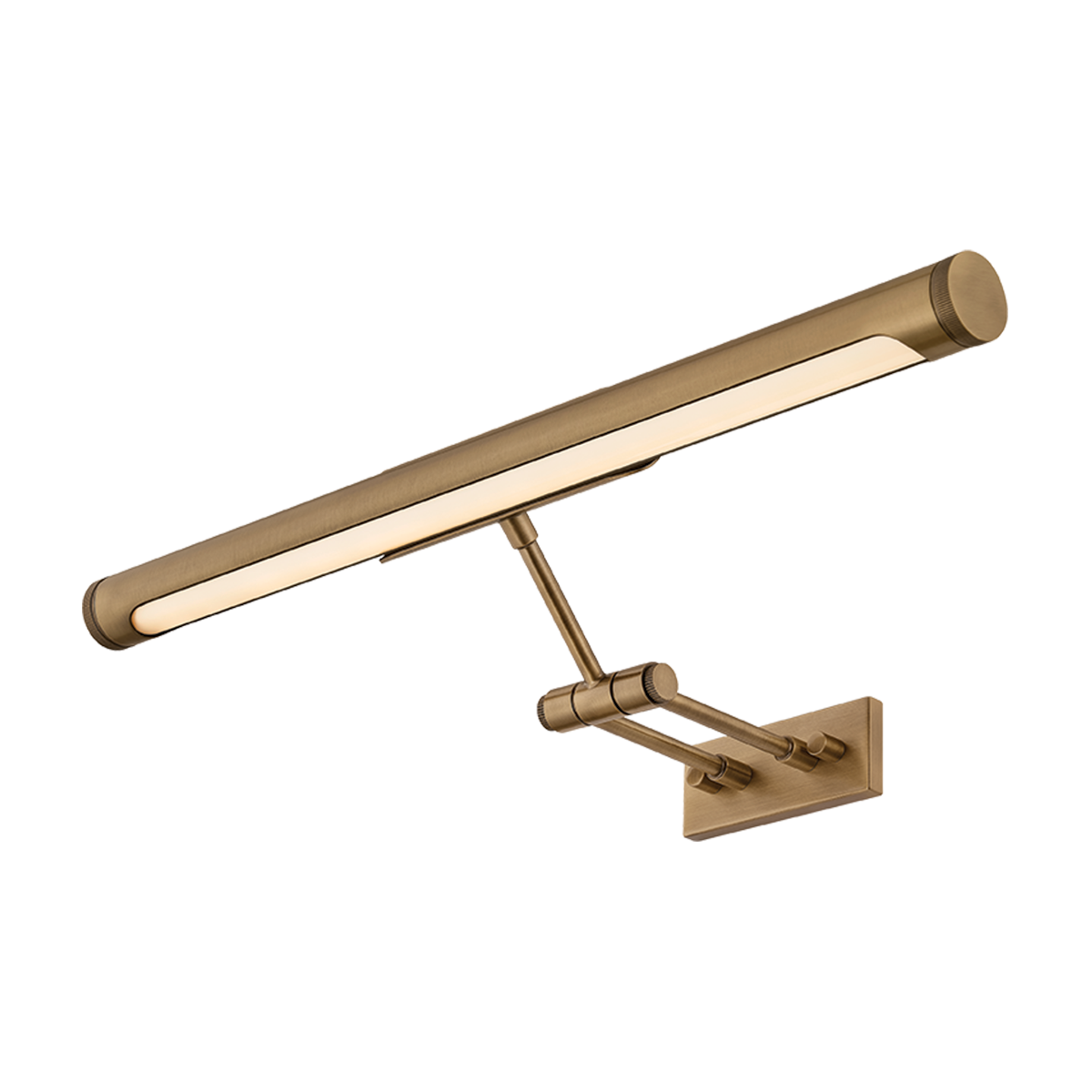 Angled view of Kenya Rechargeable Picture Light showing double armature, adjustable hinges, LED bar; Patina Brass on white
