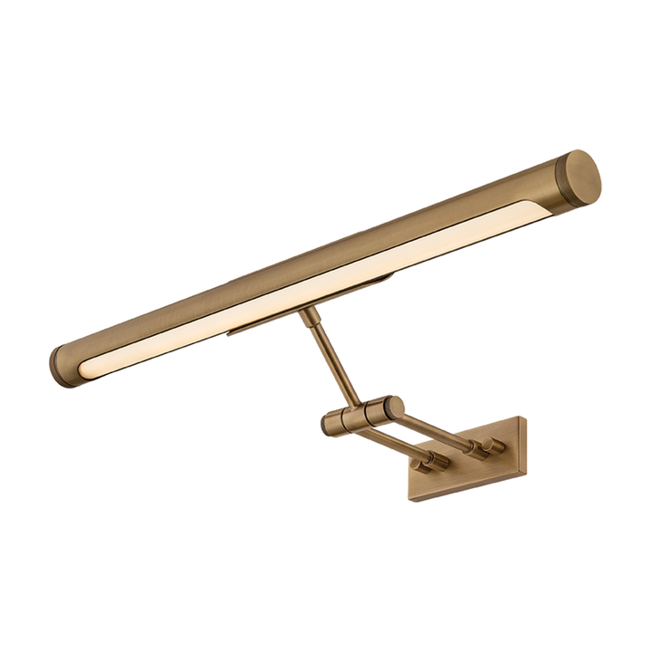 Angled view of Kenya Rechargeable Picture Light showing double armature, adjustable hinges, LED bar; Patina Brass on white